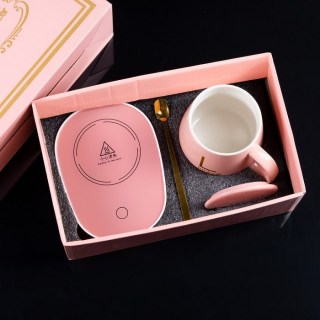 Набор подарочный «Lucky» кружка с крышкой и ложкой+USB подогреватель, цвет розовый фото