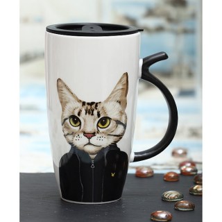 Оригинальная кружка «Модный котик» с крышкой купить