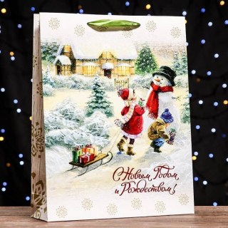 Подарочный пакет ламинированный «Дети со снеговиком» 33×42×10см купить