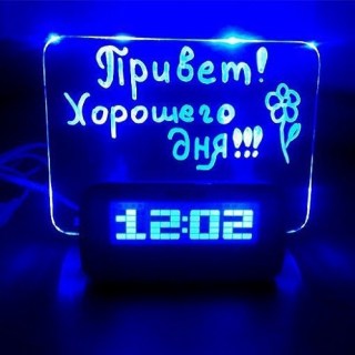 Светящийся Led будильник с доской для записи синий купить