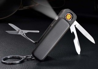 Зажигалка брелок с подзарядкой от USB 3 в 1 золотистая  фото